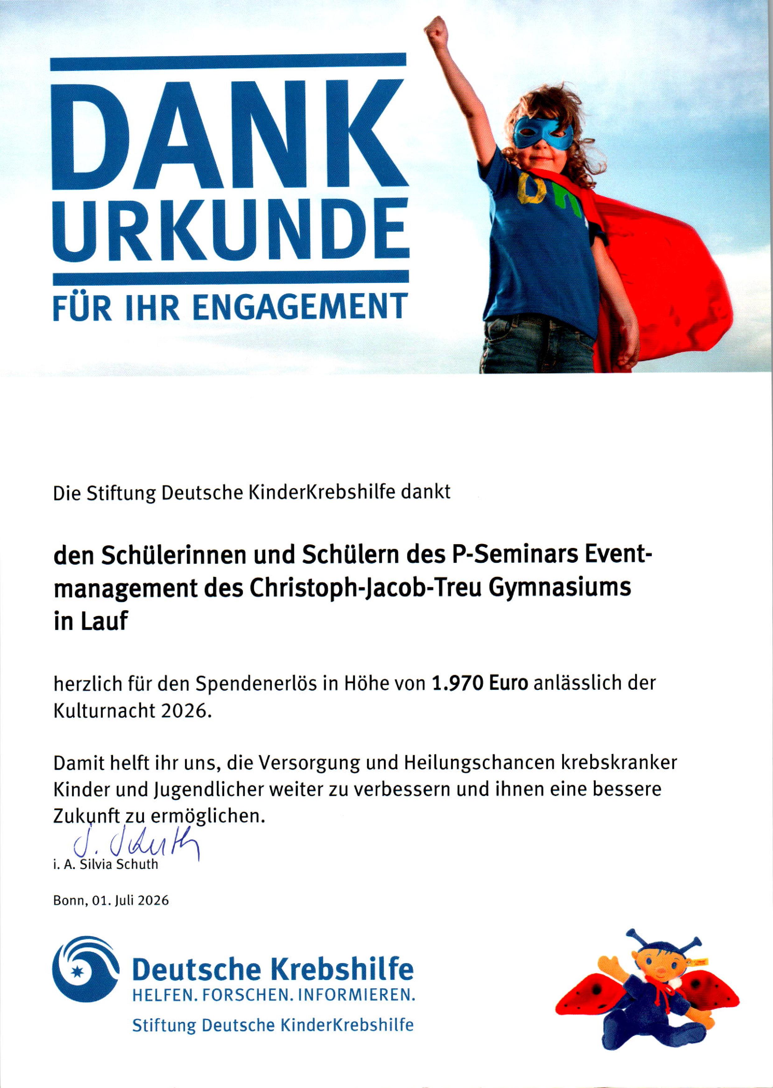 Dankesurkunde der Deutschen Krebshilfe für das CJT-Gymnasium Lauf. 